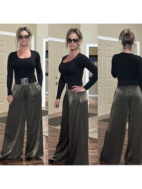 Zara khaki green aged gold wrinkle effect wide leg pull on pants Sz S NWT